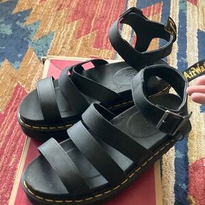 Dr. Marten Blaire Sandals in Black with Yellow Stitching, Size 9 US